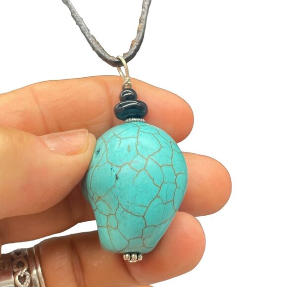 Blue Stone Skull Pendant Black Cord Necklace Halloween Biker Skeleton - Picture 4 of 7